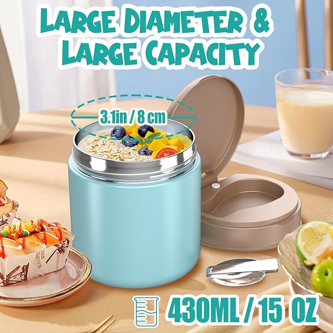 Insulated Food Jar for Kids - 15.2 Oz, Thermo for Hot Food, Soup Thermo, Insulated Food Container, Termos Para Comida Caliente, Width Mouth Stainless Steel Lunch Box with Spoon, Green