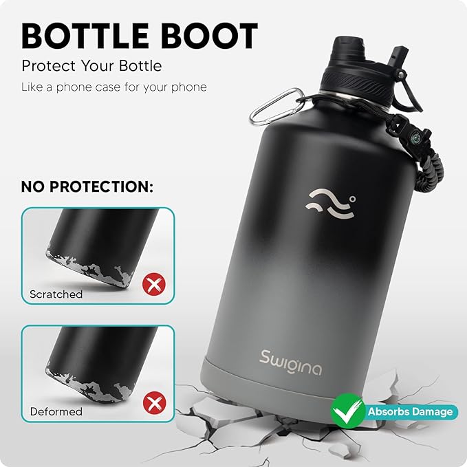 Swigina [2-IN-1 LID] Gallon Insulated Water Bottle with Silicone Boot (48hrs Cold/24hrs Hot) - DIY Stickers, Leakproof, BPA Free, 128 oz