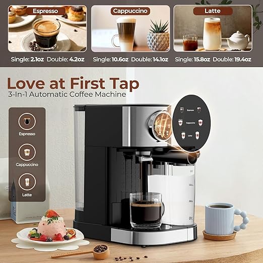 Electactic Espresso Machine 20 Bar, Super Compact Espresso Maker Stainless Steel with Touch Screen, Professional Coffee Machine, Automatic Milk Frother for Cappuccino