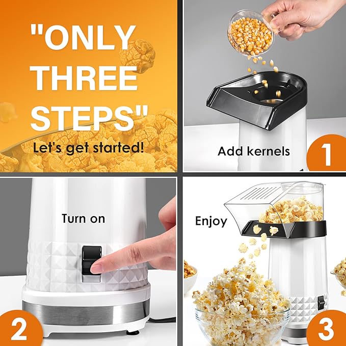 Hot Air Popcorn Machine 1200W, 4.5-Quart Popcorn Maker, No-Oil Air Popper, 2-Min Family Movie-Night Popcorn Popper, Easy Clean, Fat-Free Snack