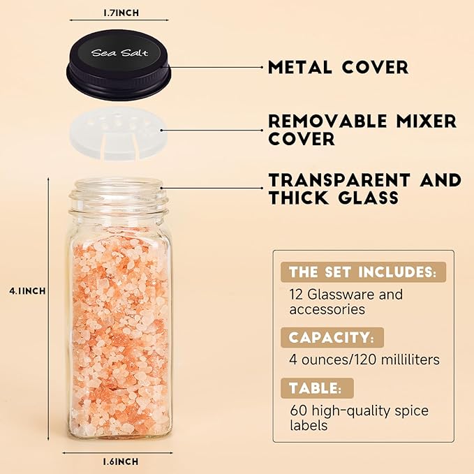 6Pcs Spice Jars with Label, 4oz Empty Square Seasoning Containers, Spice Jars with Shaker Lids, Small Spice Bottles for Salt, Herbs, Sugar, Pepper, Seasoning Jars for Spice Rack, Cabinet, or Drawer