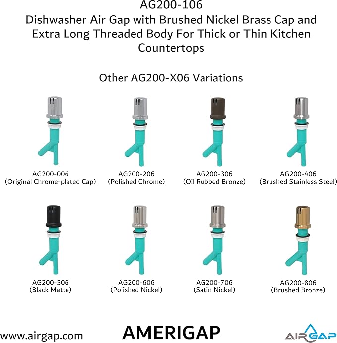 Dishwasher Air Gap with Skirted Brushed Nickel Brass Cap and Extra Long Threaded Body for Thick or Thin Kitchen Countertops (AG200-106, AG200-X06, AMERIGAP)