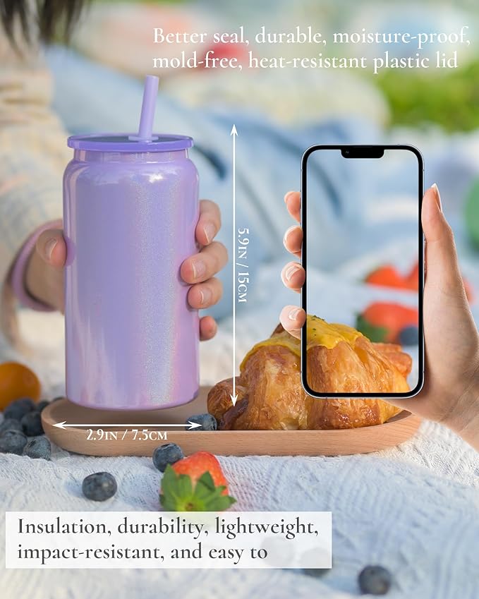 6Pack Glass Cups with Lids and Straws, 16oz Stainless Steels Cups, Beer Cup, Iced Coffee Cups, Smoothie Cup, Sublimation Tumbler (Shiny Polished Finish, Sublimatable)