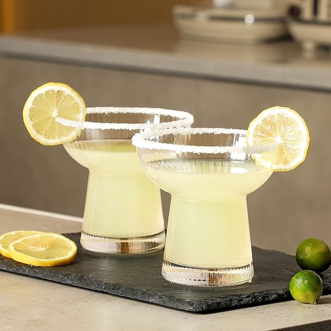 Lysenn Stemless Margarita Glasses Set of 2 - Elegant Vertical Stripes Cocktail Glasses – Premium Hand Blown Glassware for Martini and Mixed Drinks – 10 oz