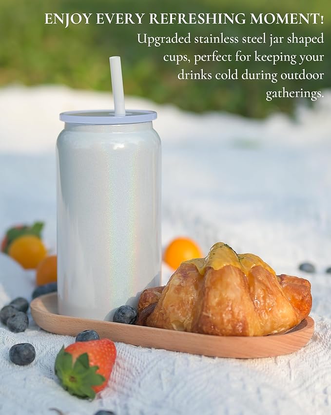 Glass Cups With Lids and Straws, 16oz Stainless Steel Drinking Vessels for Beer, Iced Coffee, Smoothies - White (Textured Matte Finish, Not Sublimatable)