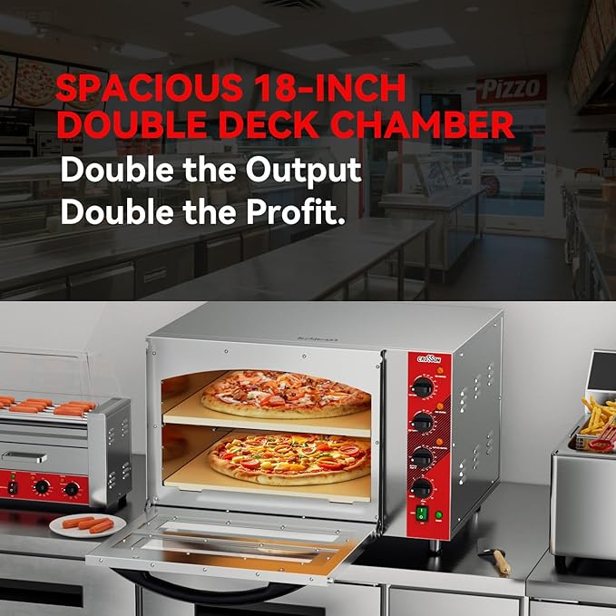 CROSSON Commercial Double Deck 18 Inch Countertop Electric Pizza Oven with 15mm Thick Pizza Stone, Indoor Pizza Bakery Oven for Commercial Use Only,240V/4500W
