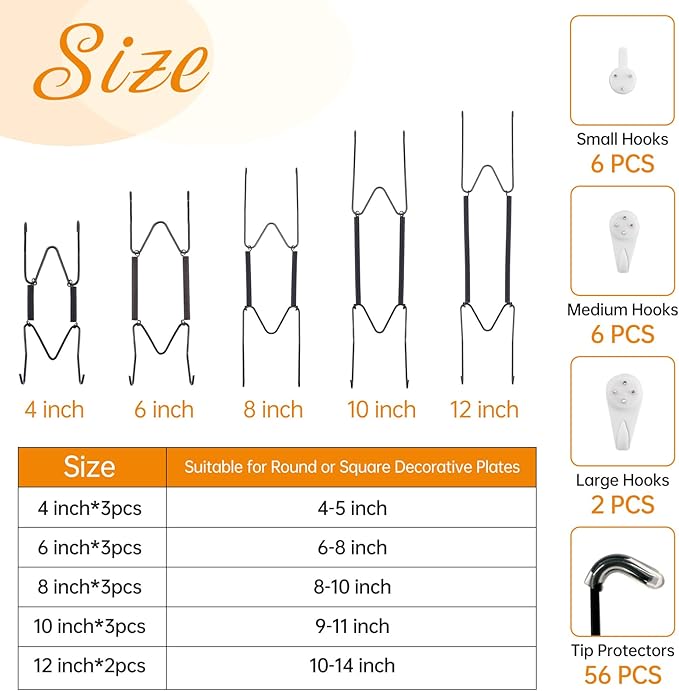 Bilillo 14 pcs Plate Hangers for The Wall, 4/6/8/10/12 Inch Invisible Plates Hangers, Stainless Steel Plate Wall Holders for Display Various Sizes with Hooks for Decorative Black