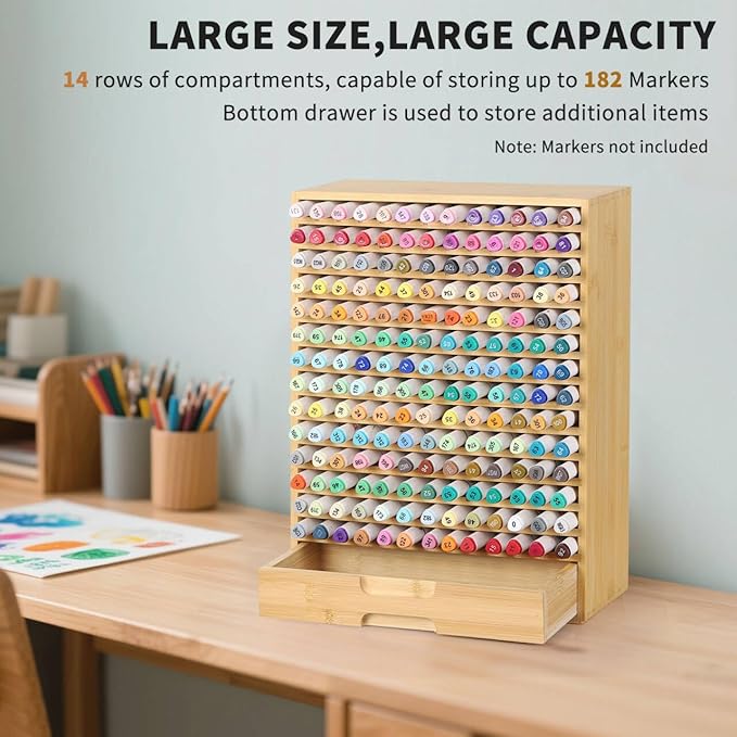 AUTOARK Natural Bamboo Marker Organizer with Drawer,182 Slots,Large Art Supply Storage for Artists,Teachers,Students - No Assembly Sturdy Desk Organizer for Classroom Office Decor,AHK-065