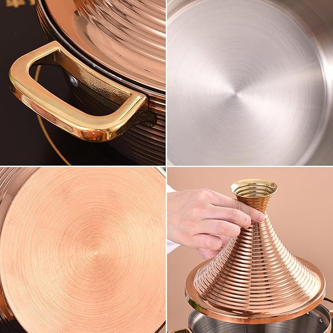 Moroccan Tagine Cooking Pot,Stainless Steel Non Stick Moroccan Casserole with 2 Handles,Large Moroccan Cooker Handmade Tagine Pot with Cone-Shaped Lid(29cm, Silver)