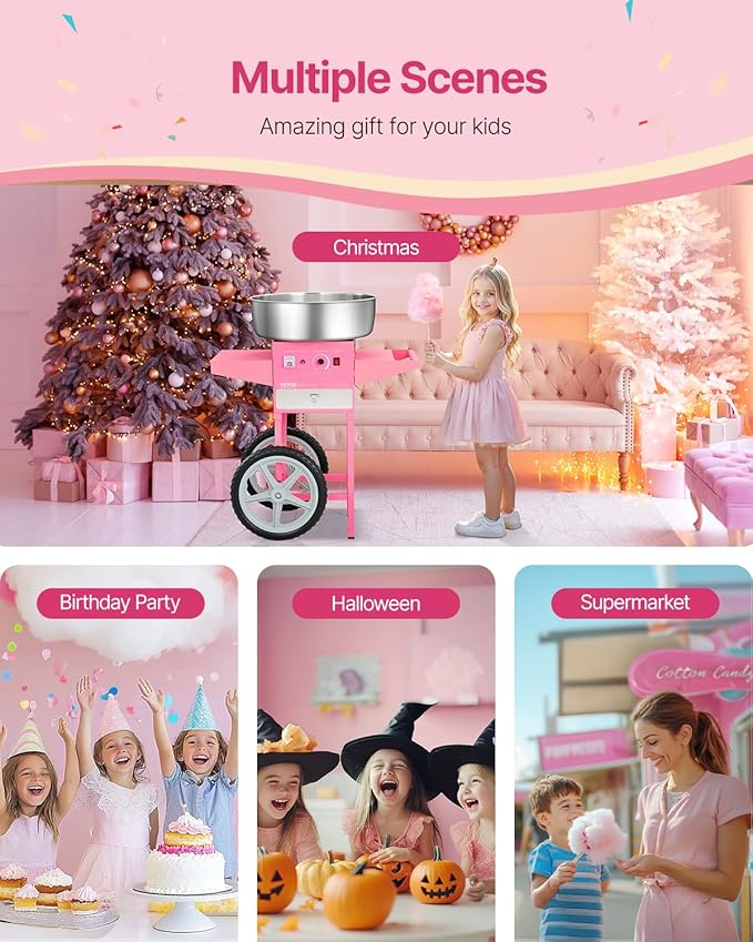 VEVOR Electric Cotton Candy Machine with Cart, 1000W Commercial Candy Floss Maker with 20.5 in Stainless Steel Bowl, Sugar Scoop, and Drawer, Easy to Use, for Home, Kids Birthday, Family Party, Pink