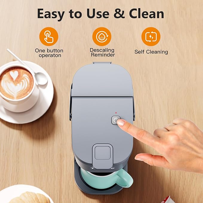 Tastyle Single Serve One Cup Coffee Maker, for K Cups and Grounds, Mini Coffee Maker with Portable Handle, 6 to 12 Oz Brew Size, for Travel, Camping, Office, RV and Dorm, 120V, Cool Gray