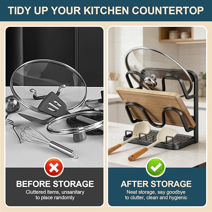 Kitchen Pot Lid Storage Rack: Carbon Steel Double-Layer Holder & Spoon Rest with Removable Drip Tray, Pot Cover Holder While Cooking, Pot Lid Organizer for Kitchen Counter Space Saving(Gray)