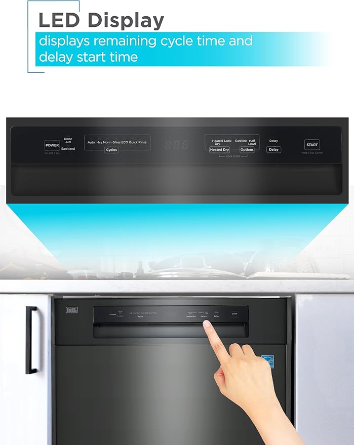 BLACK+DECKER 24" Built-In Dishwasher, 12-Place Setting Capacity with Stainless Steel Tub, Dish Washer with 5 Wash Programs and Smart Wash Cycle, ENERGY STAR Certified, BDW100MB, Black