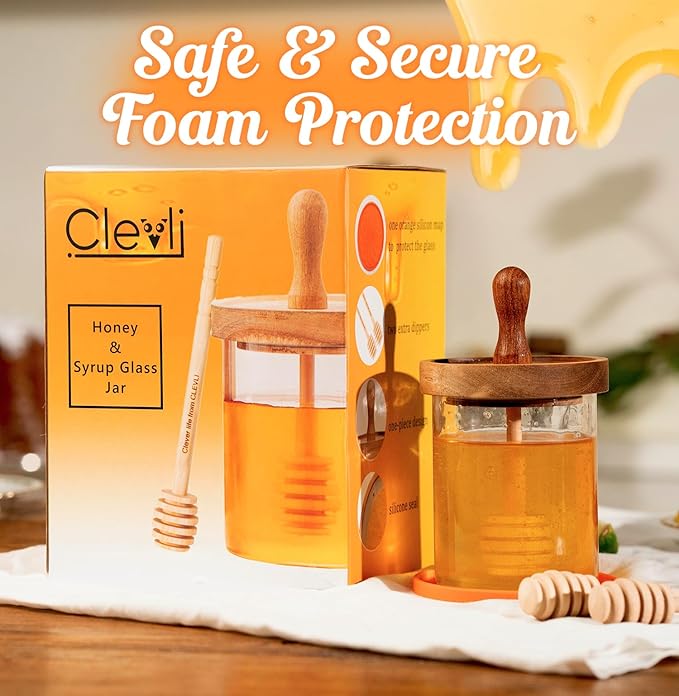 CLEVLI 12 oz Honey Jar Set with Silicone Mat, 2 Extra Dippers, Airtight Wooden Lid, & Custom Gift Box | Glass Container Honey Pot for Honey & Syrup | Durable & Stylish Kitchenware