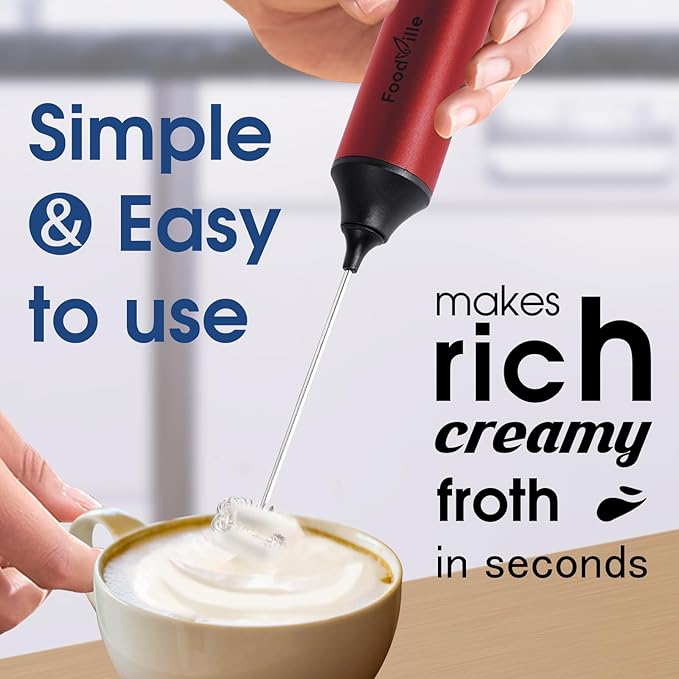 FoodVille MF05 Rechargeable Milk Frother USB Charging Handheld Foam Maker with Stainless Balloon Whisk for Cappuccino, Latte, Bulletproof Coffee, Keto Diet, Protein Powder, Matcha (Red)