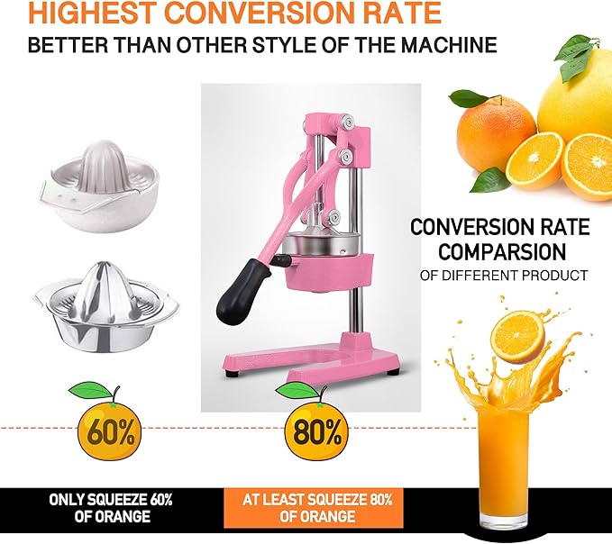 Commercial Heavy Duty Cast Iron Hand Press Manual Orange Citrus Lemon Lime Grapefruit Pomegranate Fruit Juice Squeezer Machine with Stainless Steel Cup Pink