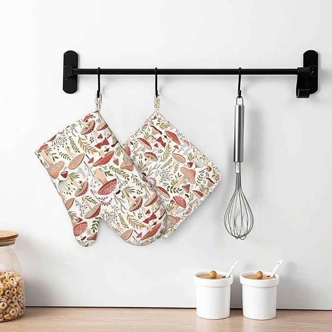 Mushroom Leaves Boho Plants Oven Mitts and Pot Holders Sets Silicone Mushrooms Kitchen Oven Mitts Hot Pads Heat Resistant Vintage Mushrooms Potholders Kitchen Mitts Set for Baking Cooking