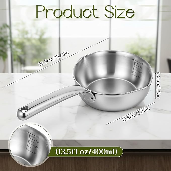 13.5 fl oz (400ml) 18/10 Stainless Steel Butter Warmer Measuring Pan, 3-Ply Saucepan with Dual Pour Spouts, Small Thick Cooking Pan for Stove Top, Chocolate Melting, Coffee Tea Soup Warming