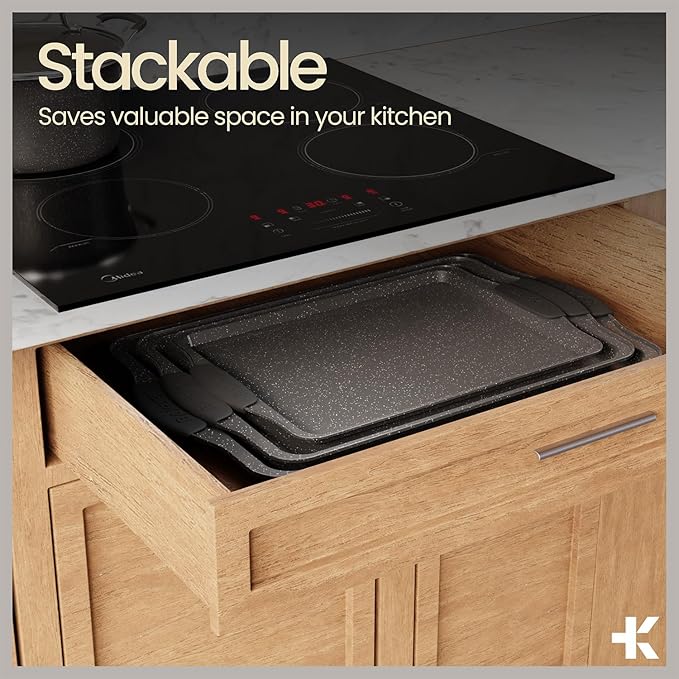 BAKKEN Kitchen Baking Pans - Medium (15.15 × 10.03") and Large (17.1 x 11.8") Nonstick Sheets, Carbon Steel Cookie Sheets with Gray Silicone Handles, PFOA, PFOS, PTFE Free, Oven Safe (450°F), Set of 2