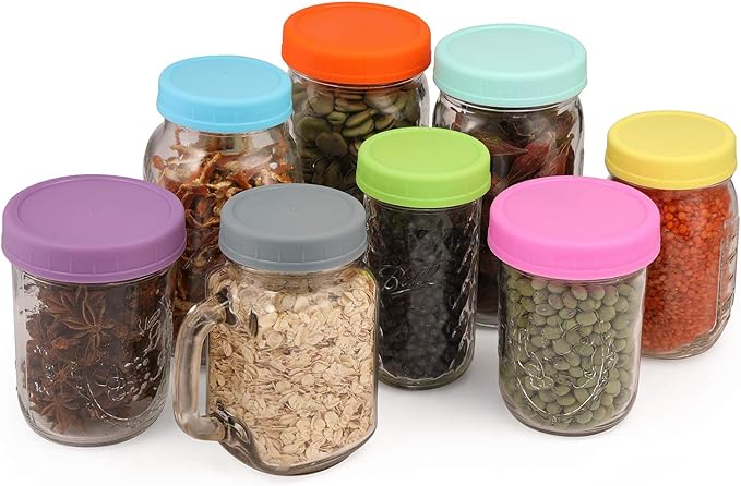 AOZITA [16 Pack] Colored Plastic Mason Jar Lids Fits Ball, Kerr & More - 8 Wide Mouth & 8 Regular Mouth - Storage Caps for Canning Jars, Dishwasher Safe & Food Grade & Leakproof