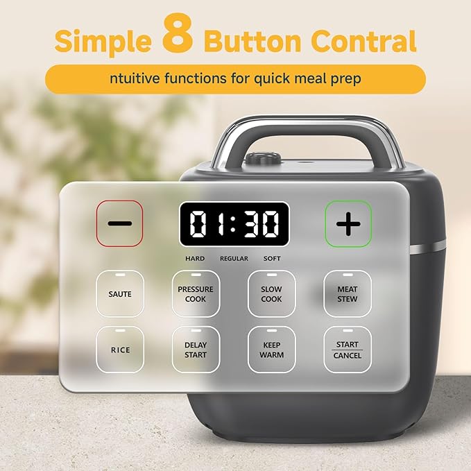 3QT Electric Pressure Cooker, 8-Function Compact Multi-Cooker with Ceramic Nonstick Pot – Saute, Pressure Cook, Slow Cook, Meat Stew, Rice, Delay Start, Keep Warm & Safe Venting, Gray