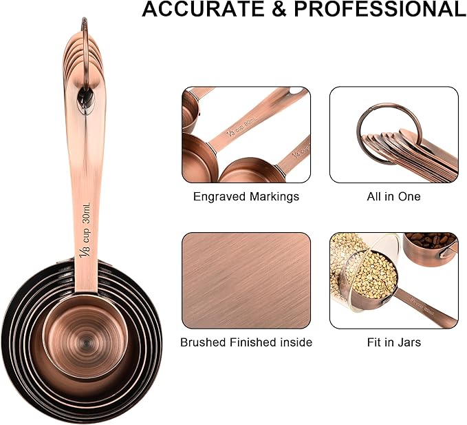 Copper Measuring Cups Set 7, Metric & US Stainless Steel Measuring Cups for Kitchen & Baking, Metal Measure Cup Set with 2/3 & 3/4 Measure Cups