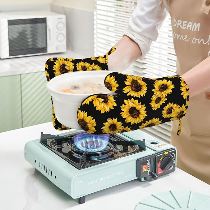 Pretty Sunflower Stylish Oven Mitts and Pot Holders Sets of 4, Heat Resistant Silicone Oven Mittens and Potholders Gloves Hot Pads for Kitchen Cooking Baking Grilling BBQ Chef