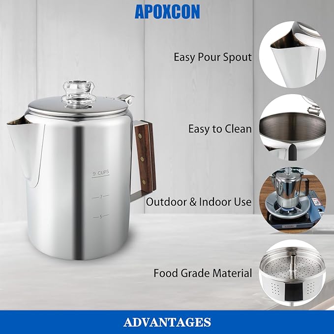 APOXCON Coffee Percolator Camping Coffee Pot Stainless Steel with Glass Knob Using on any Stovetop - NO Aluminum NO Plastic (9 Cup)