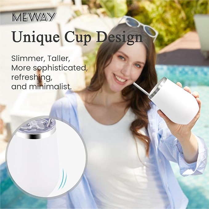 MEWAY Stemless 12oz Insulated Wine Tumbler with Lid and Straw - Double Wall Stainless Steel Thermal Cups, Travel wine glasses, Ideal for Bridal and Baby Shower Game Prizes(White,Set of 8)