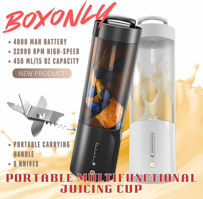 Portable Juicer Blender, USB Rechargeable Smoothie Maker with 6 Upgraded Blades and 4000mAh Battery, 450ml/15oz Capacity, Ideal for Smoothies, Protein Shakes, Travel and Office (Mint Blue)