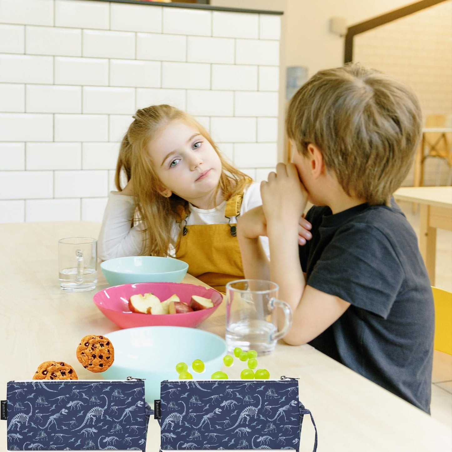 Reusable Sandwich Bag/Snack Bag for Kids & Adults, Dual Layer Lunch Bag with Handle, Washable, Food Safe, BPA Free (2-Pack, Dinosaur Fossil)