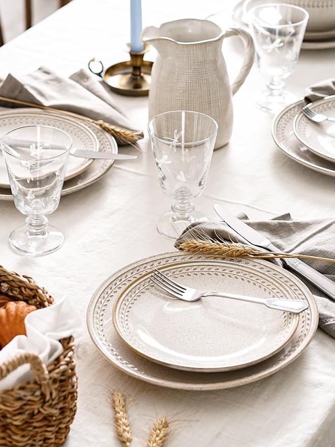 LE TAUCI Dinnerware Sets for 6, 18 Piece Plates and Bowls Sets, Ceramic Kitchen Dish Set, Chip Resistant, Microwave & Dishwasher Safe, Reactive Glaze Beige (8"&10" Plate, 27oz Bowl)
