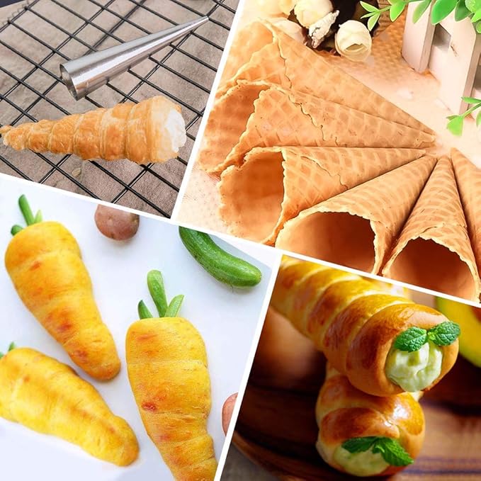 Cream Horn Molds, 16 Pack 5 Inch Pastry Roll Molds with Piping Bags Reusable, Cleaning Brush, Long Cream Icing Piping Nozzle Baking Accessories Tool for Mum and Baker