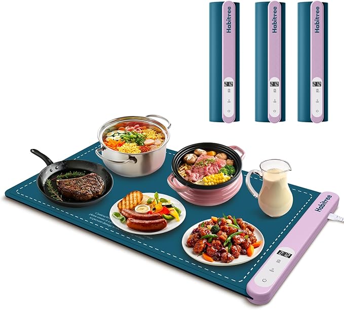 3-Pack Silicone Food Warming Mat & Food Warmers for Parties Buffet - Rapid Heating 6-Level Temp Control, Rollable Portable Easy Clean - Value Set for Gatherings & Home Daily Use（Blue）