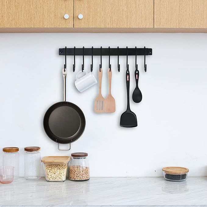Wrought Iron Kitchen Holder: 10-Hook Wall-Mounted Utensil Rack with Black Finish - Ideal for Pots, Pans, Coffee Mugs