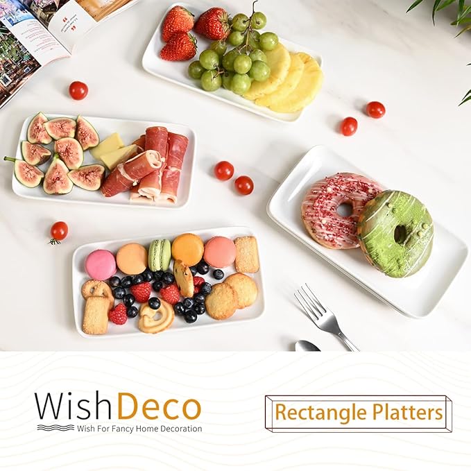 WishDeco Small Rectangle Plates Set of 6, White Serving Platters 9 inch, Ceramic Sushi Plates, Serving Plate for Appetizer, Dessert, Party, Microwave Safe