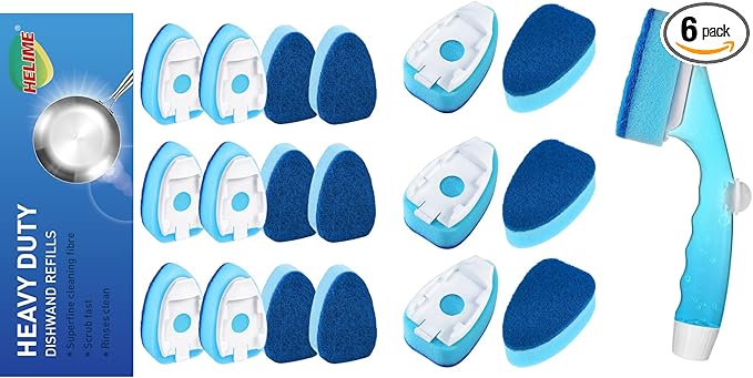 Non Scratch Dishwand Refills Handle, Dish Wand Refill Pack, 6 Heavy Duty Replacement Sponge Heads Set, Heavy Duty Scrub Dots Brushes Soap Dispenser, Non Scratch Dispensing Scrubbers