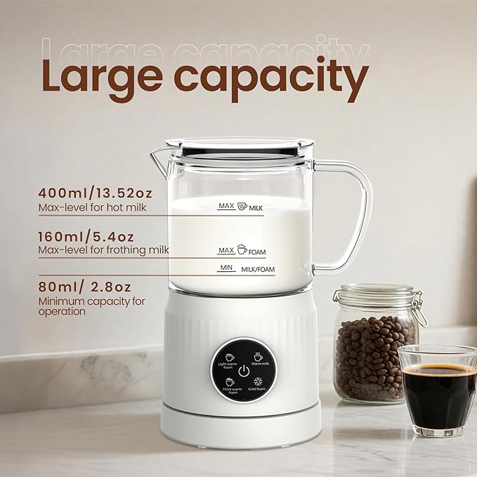 Casimhu 4-in-1 Milk Frother, Electric Milk Frother and Steamer with LED Touch Screen, Ceramic Lining Bottom, Milk Warmer 13.52oz for Lattes, Cappuccinos, and Macchiatos at Home, White