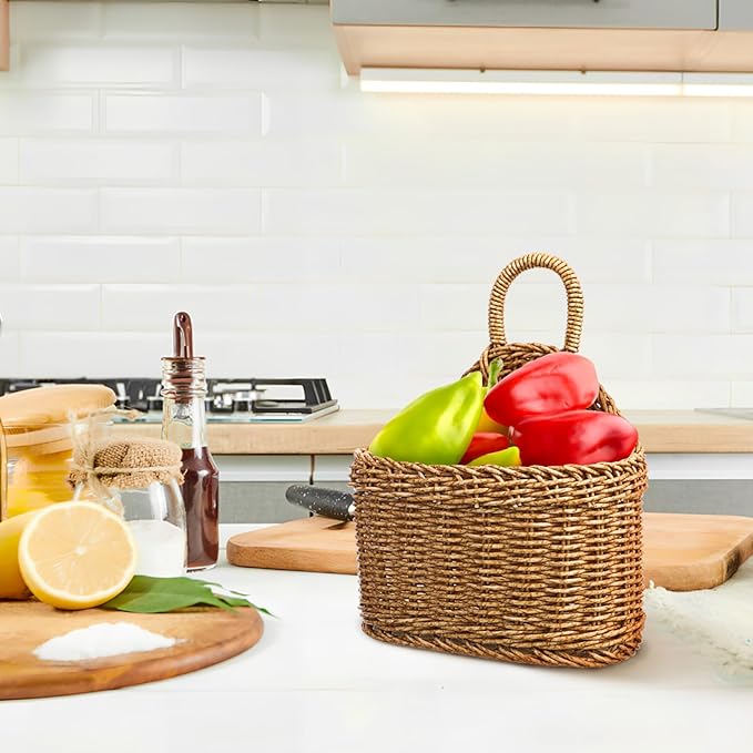 Cabilock Woven Hanging Storage Basket for Kitchen 9.64X7.48X3.93In Rustic Wall Organizer for Garlic Ginger with Large Capacity