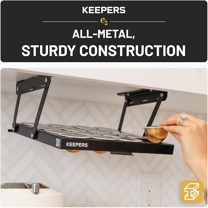 KEEPERS Nespresso® Vertuo® Pod Holder|Under Cabinet Swing Down Coffee Pod Organizer|Keurig® Coffee Pod Holder|K Cup Holder Storage Organizer|Magnet Steel RV Office Small Kitchen 10x9in BLACK