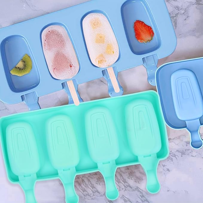 SAYAYA 2 Set Silicone Popsicle Molds with 100 Sticks, Reusable 4 Cavities Homemade Cake Pop & Cakesicle Mold for DIY Ice Cream, Ice Pop, Easy Release & Dishwasher Safe for Kids Family (Blue & Green)