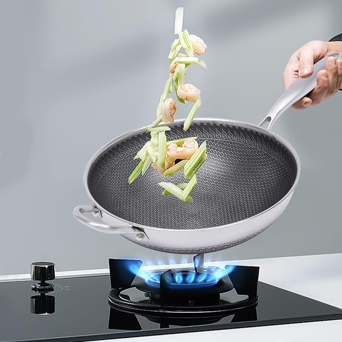 12Inch Woks & Stir-fry Pans Nonstick, Wok Pan with Glass Lid: Pre-Seasoned Flat Bottom Chinese Wok for Induction, Electric, Gas, All Stoves