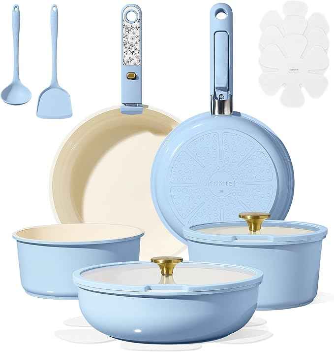 CAROTE 15Pcs Ceramic Cookware Set, Pots and Pans Set Non Stick, Kitchen Cooking Set with Detachable Handle, Non Toxic Induction Cookware, Dishwasher/Oven Safe