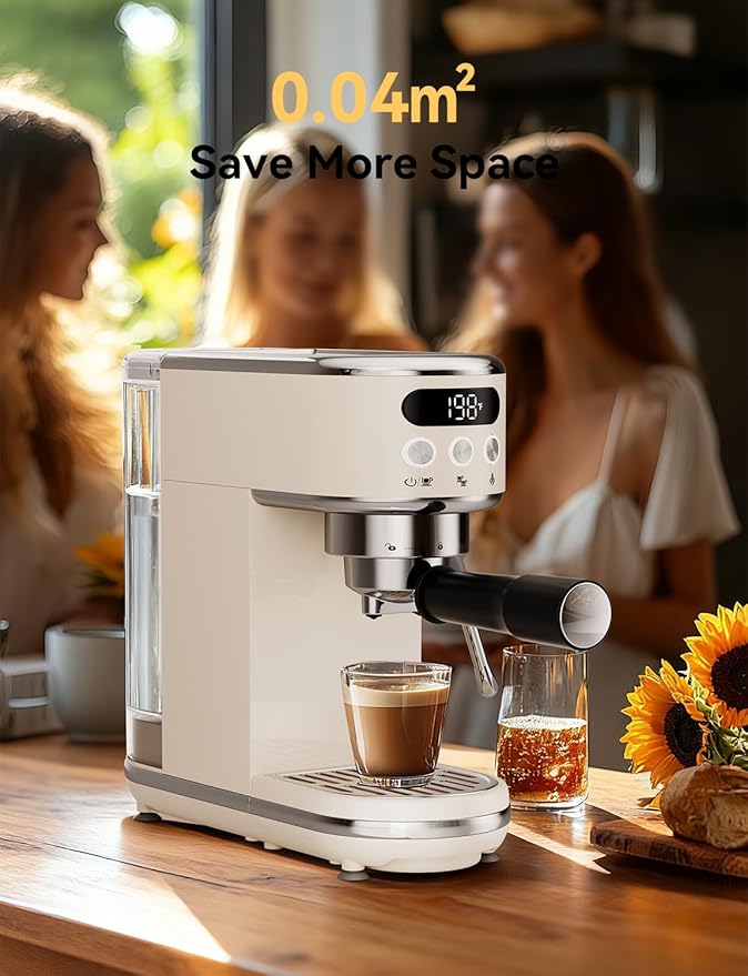 Neretva Espresso Machine 20 Bar, Super Compact Espresso Maker Stainless Steel Professional Espresso Maker Machine with Power Steam & LED Display for Home Barista Latte and Cappuccino Maker-Beige