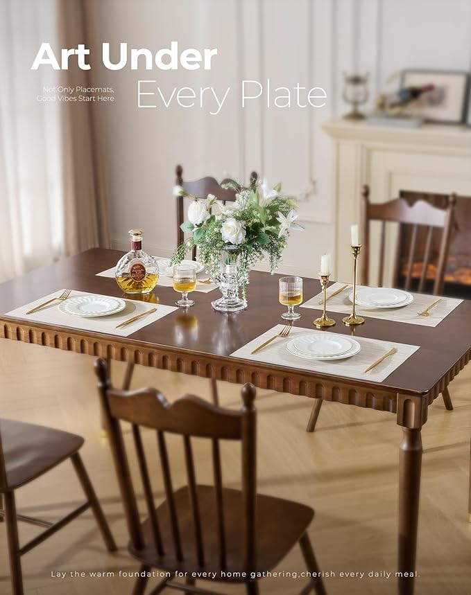 Leetaltree Beige White Placemats Set of 4 - Heat Resistant Non-Slip Place mats for Dining Table, Washable Durable PVC Vinyl Woven Table Mats(Beige White, 4)