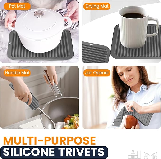 Silicone Trivet Mats 4 Heat Resistant Pot Holders Multipurpose Non-Slip Hot Pads for Kitchen Potholders, Drying mat, Jar Opener, Spoon Holder, Coaster.(Warm Gray)