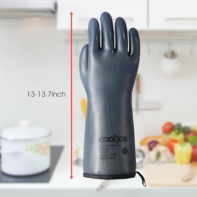 COOLJOB Heat Resistant Oven Gloves, Waterproof Liquid Silicone BBQ Grilling Gloves for Barbecue, Kitchen Cleaning, Baking, Food Contact, Black, XL