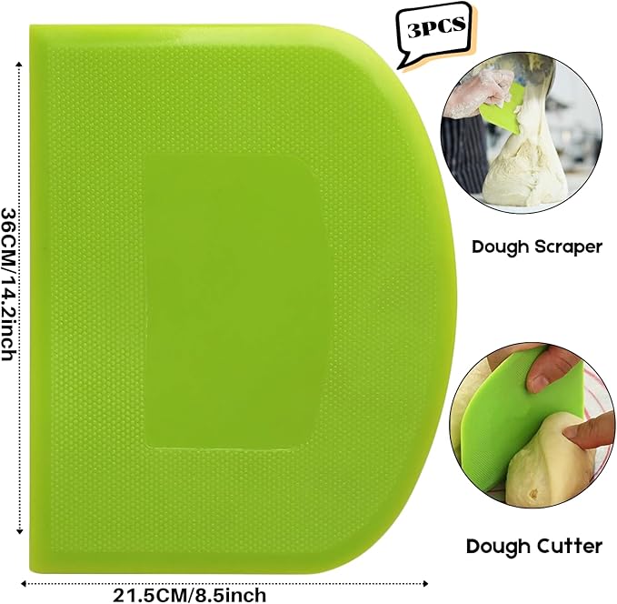 SURDOCA Dough Scraper Bench Scraper - 3P 14.2x8.5" Plastic Flexible Bowl Scraper, Sharp Edge & Angles Cake Scraper. Non-Slip Bakeware Decorating Tools Sculpting & Modeling Tools - White+Yellow+Green