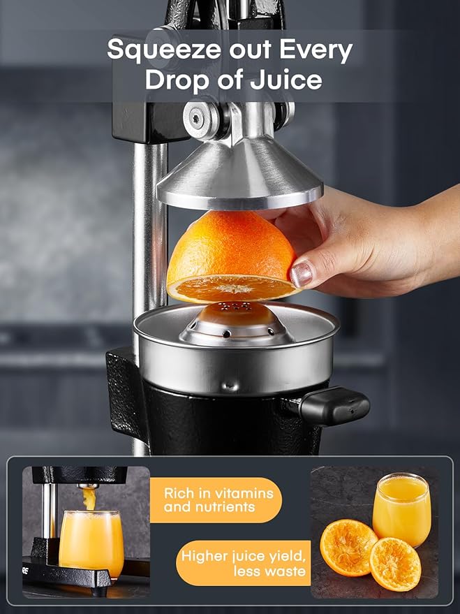 FOHERE Orange Juicer Squeezer, Cast Iron Lemon Squeezer, Commercial Citrus Juicer Hand Press for Orange, Lemon, Pomegranate, Grapefruit, Easy to Clean Citrus Squeezer with a Stainless Steel Cup