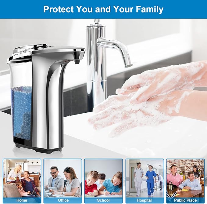 PZOTRUF Automatic Soap Dispenser, Touchless Dish Soap Dispenser 17oz/500ml with Infrared Sensor, 5 Adjustable Soap Dispensing Levels, Liquid Hand Dispenser for Bathroom Kitchen Sink (Silver)